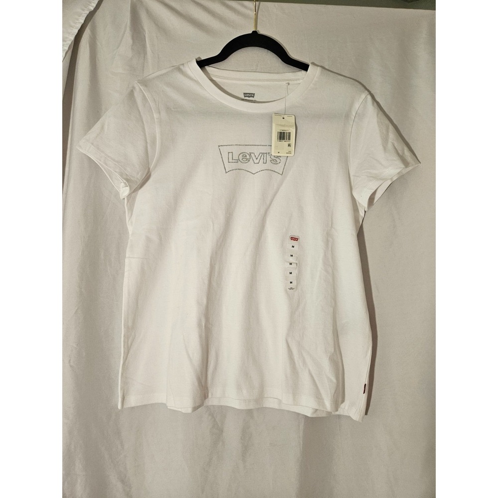 Levi's Women's White Rhinestone Logo Crew Neck Short Sleeve Cotton Tee MED